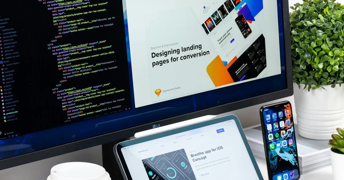 Espace de travail d'un développeur web pendant la refonte d'un site internet, maquettes et code à l'écran