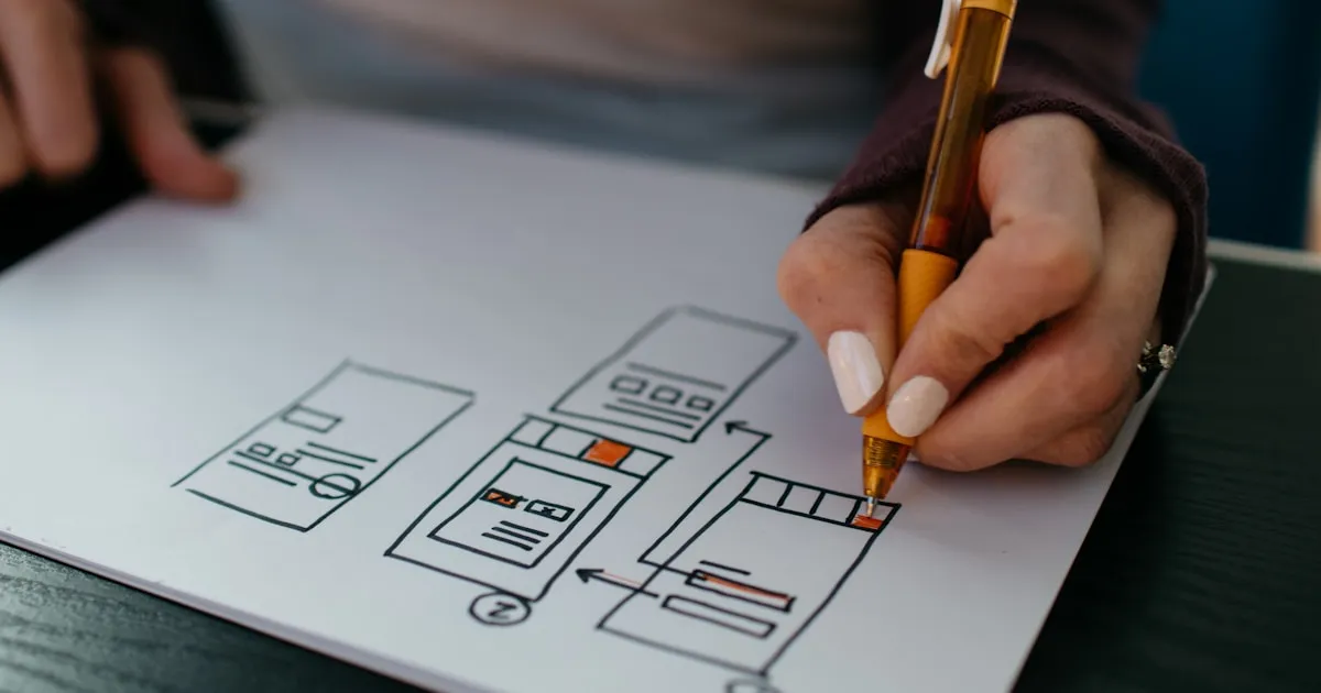 Designer UX/UI travaillant sur une interface web moderne avec wireframes