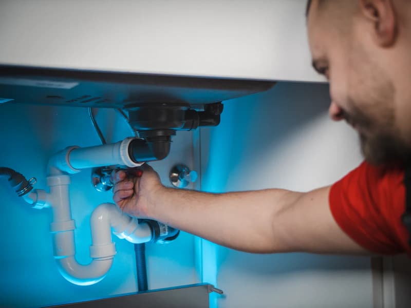 Plombier professionnel intervenant sur une installation de tuyauterie