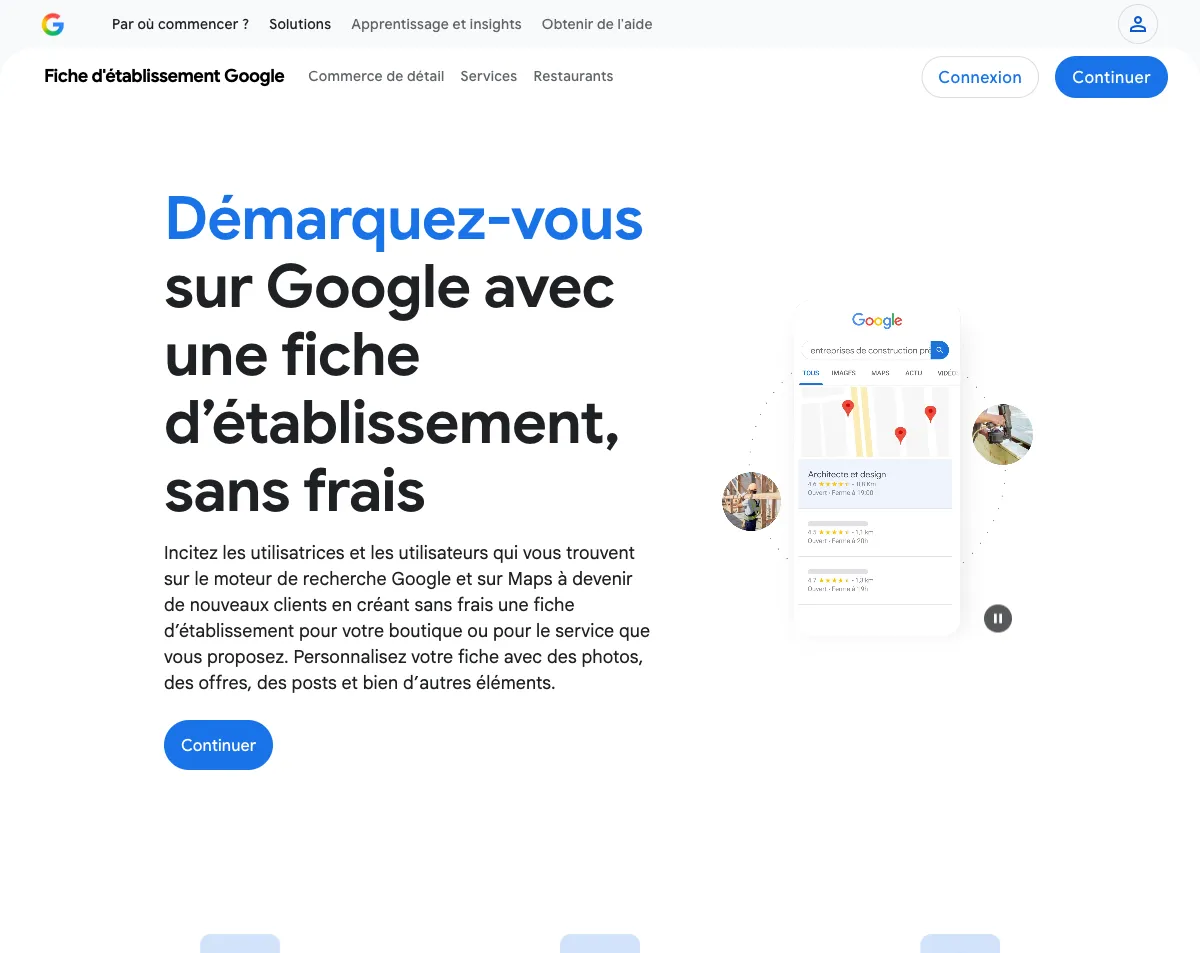 Page d'accueil Google Business Profile pour créer une fiche d'établissement gratuite