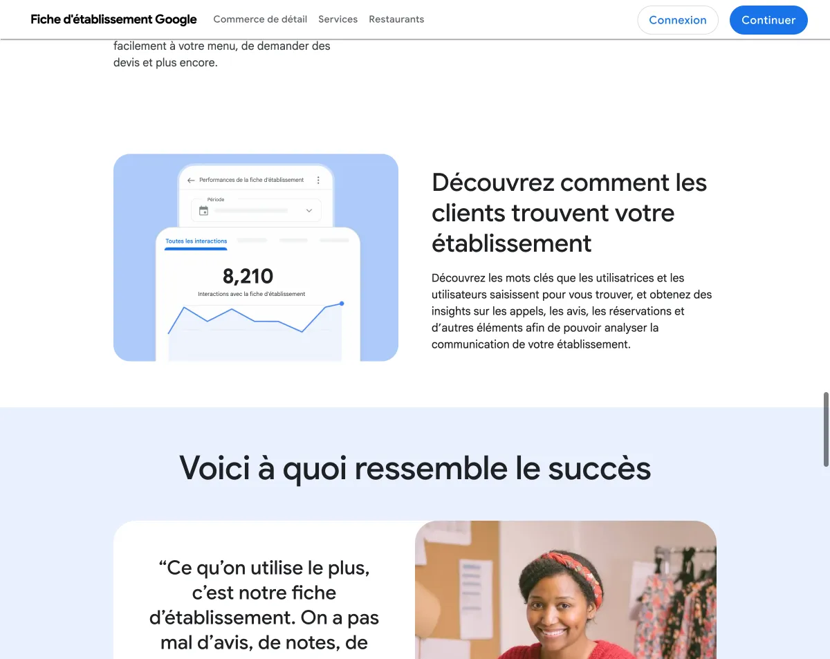 Interface de statistiques Google Business Profile montrant 8210 interactions et les performances de la fiche
